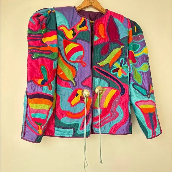 La Colección Judith Roberts Art to Wear Patchwork Multicolor Bomber Jacket Gift - Picture 10 of 16